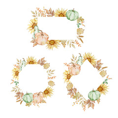 Watercolor autumn frames set with pumpkin, sunflowers, fall leaves