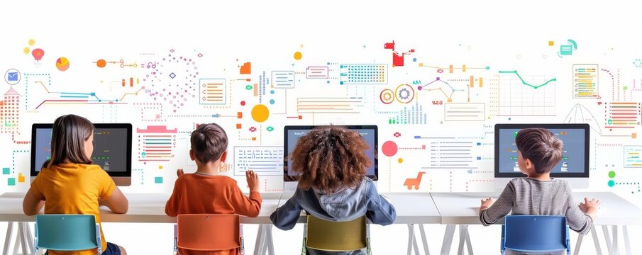 Children learning coding on computers in a classroom setting with colorful digital graphics