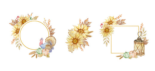 Watercolor autumn gold frames set with pumpkin, sunflowers, fall leaves