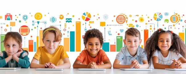 Diverse group of children learning with technology and educational graphics