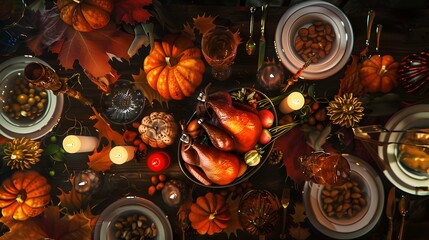 A Thanksgiving table setting with roasted turkey, pumpkins, and autumn leaves.