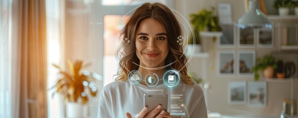 Smiling woman using smart technology in modern home with digital interface overlays