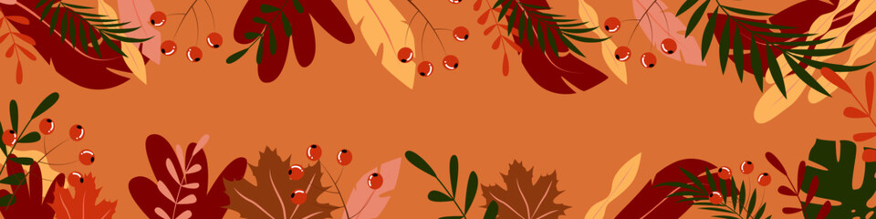 Vector illustration. Autumn illustration in flat style with copy space for text. Floral and leafy prints for greeting cards, posters, banners, posters and covers, blogging and promotional items.