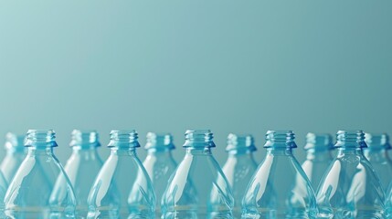 Clean plastic water bottles arranged neatly close up shot with empty space for text