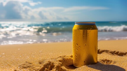 Cold beverage can on a sandy beach with ocean waves in the background, refreshing summer concept