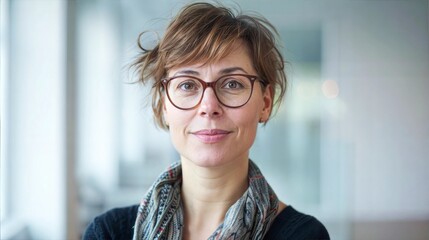 A woman smiles softly at the camera, wearing glasses and a patterned scarf