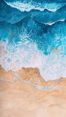 Naklejka premium A painting of a beach with a wave crashing in the background