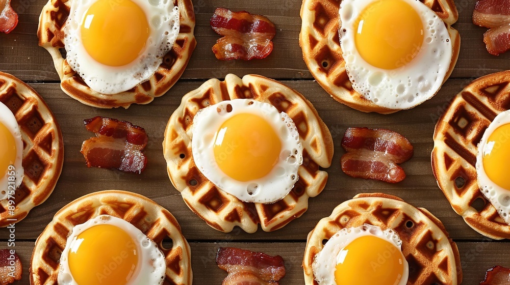 Poster   A wooden table topped with waffles covered in bacon and topped with three fried eggs