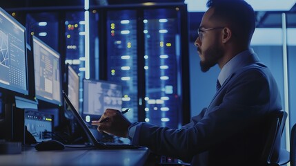 A man in a suit works on a laptop in a server room.