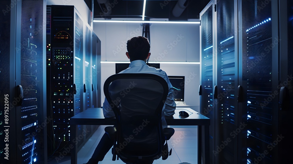 Poster A man works at a computer in a server room.