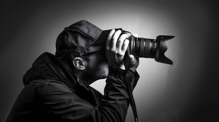 A man in a cap holds a camera up to his eye, ready to capture the moment.