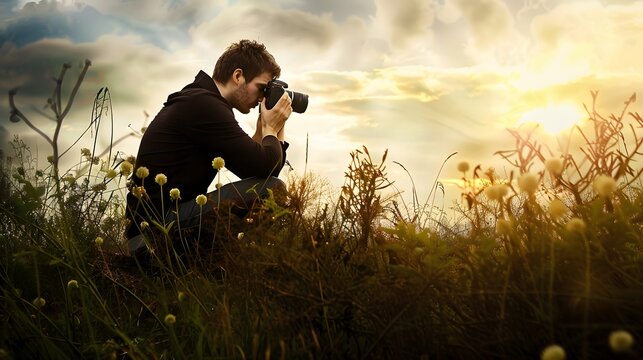A young man crouches in a field, taking a photo of a beautiful sunset.