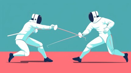 Olympic fencing, duel between fencers, flat design illustration