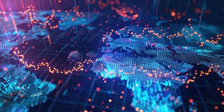 Abstract depiction of global stocks with vibrant lightning effects symbolizing financial data flow.