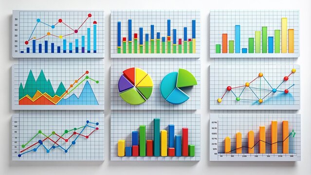 Colorful grid with Various Charts and Graphs Displaying Statistical Data and Trends on a White Background, Ideal for Business and Financial Presentations.