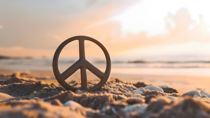 A peace sign rests on a sandy beach at sunset.