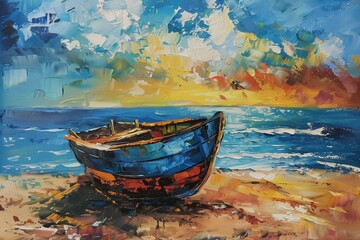 A breathtaking painting of a blue boat resting on a sandy beach in front of a vibrant and colorful sunset over the ocean.