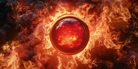 A fiery red button encased in vibrant flames, symbolizing intensity, energy, and powerful elemental forces.