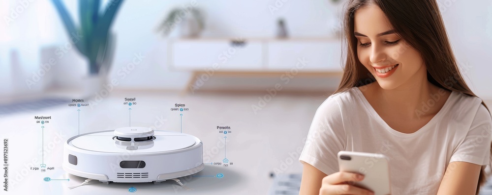 Poster woman smiling while using smartphone with a robotic vacuum cleaner in the background for home automa