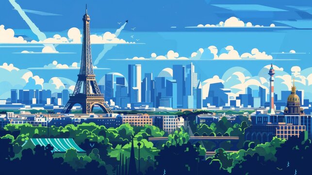 Paris skyline with Olympic venues, flat , modern style, cool tones, detailed architecture