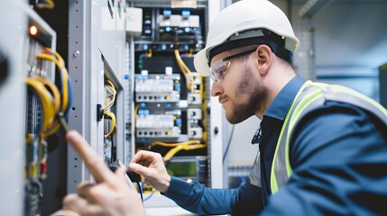 A male electrical engineer works on a large electrical panel, wearing safety glasses and a hard hat.