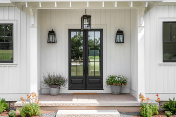 A front door detail of a white modern farmhouse with a black front door, black light fixtures, and a covered porch.