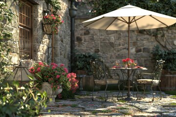 Obraz premium Charming rustic courtyard with stone walls, potted plants, and a small bistro table under an umbrella, perfect for a quaint and cozy outdoor retreat.