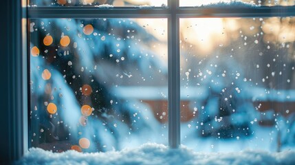 Blurry winter view outside window with space for text