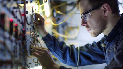 A young man with short dark hair wearing safety glasses works with electrical wiring.