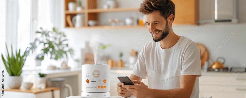Poster smiling man using a smartphone in a modern kitchen with a smart humidifier