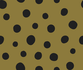 All over seamless repeat pattern with tossed black polka dot on moss tobacco green ground. Versatile trendy modern background with tossed dots