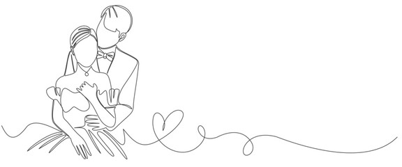 one continuous drawn line wedding couple. line art. The characters of the bride and groom of the husband and wife are married. editable vector eps illustration.