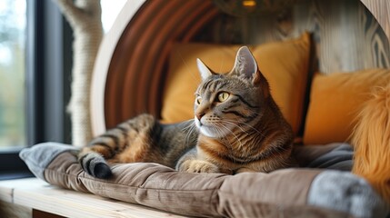 Tabby Cat Relaxing On Cushioned Window Seat