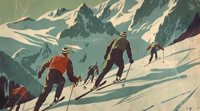 Vintage Olympic poster from the 1948 St Moritz Winter Games, featuring stylized skiers and muted colors, retro style, detailed illustration