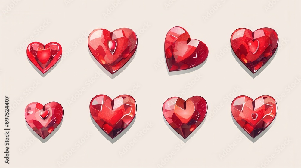 Poster a collection of eight red hearts with different styles, shapes, and sizes. they are all illustrated 
