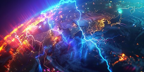 Abstract global stock market theme with vibrant lightning representing international financial activities.