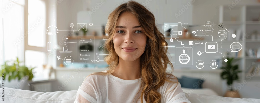 Poster woman in modern home setting with digital technology interface and data visualization