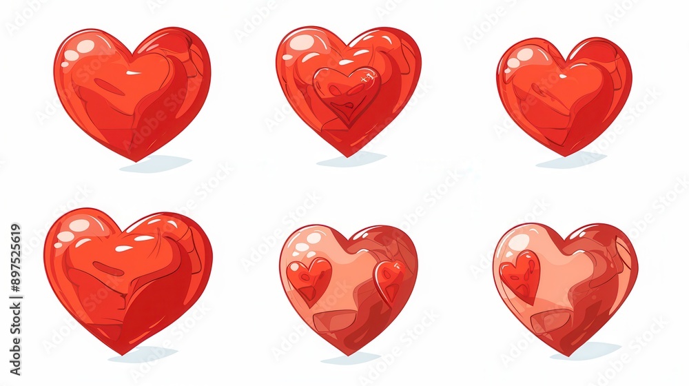 Poster six red heart illustrations in different styles, with varying shades and textures. generative ai