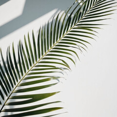 Obraz premium Blurred defocused shadow from palm leaves on white wall. Minimalistic beautiful summer or spring background for product presentation. Theme of travel and beach holidays. Long narrow leaves. AI