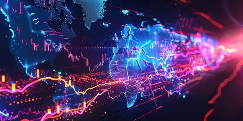 Abstract global stock market theme with vibrant lightning representing international financial activities.