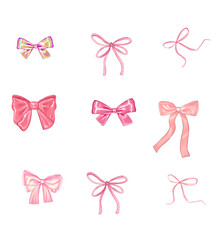 Set of bows coquette style, ballet core modern style elements. Bows coquette isolated on transparent background. 