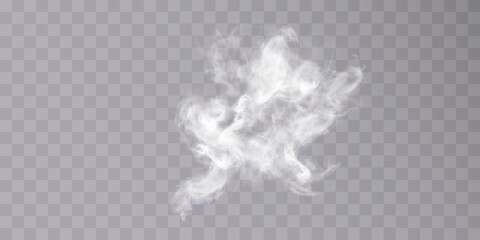 Realistic white smoke. The effect of smoke, cloudiness, smog. Vector on transparent background.