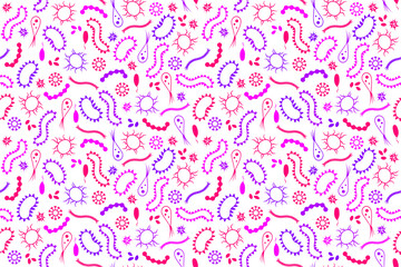 Microorganisms seamless pattern on transparent background. Repetitive vector illustration of viruses and bacteria