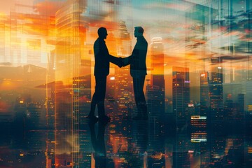 Obraz premium Double exposure of two business men shaking hands and city skyline at sunset, representing success in corporate unity concept