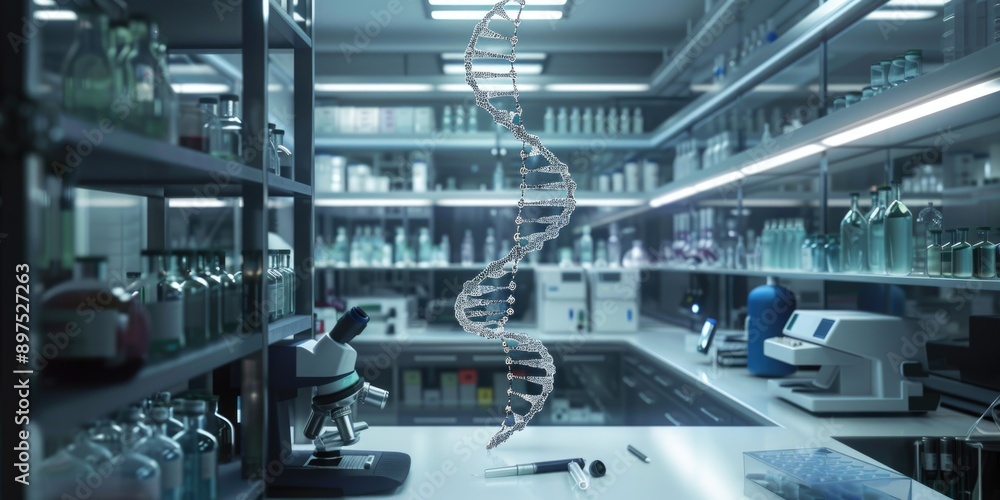 Poster inside a modern scientific laboratory focusing on dna sequencing equipment. close-up view of lab ben