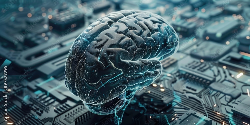 Poster a digital or artificial brain resting on top of circuit boards, symbolizing the intersection of huma