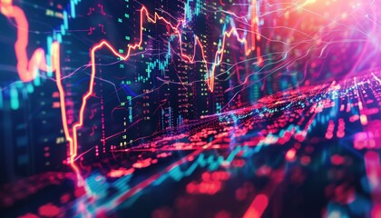 Fototapeta premium Abstract lightning trails illustrating the flow of global stock market data on a technology-themed backdrop.