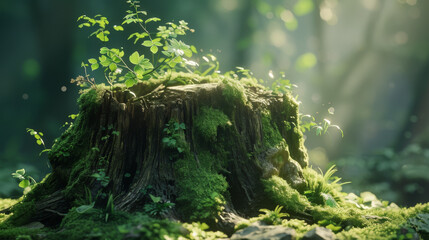 Tree stump with moss and clovers in