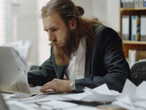 Businessman with a beard typing on his laptop in an office setting, surrounded by cluttered papers.