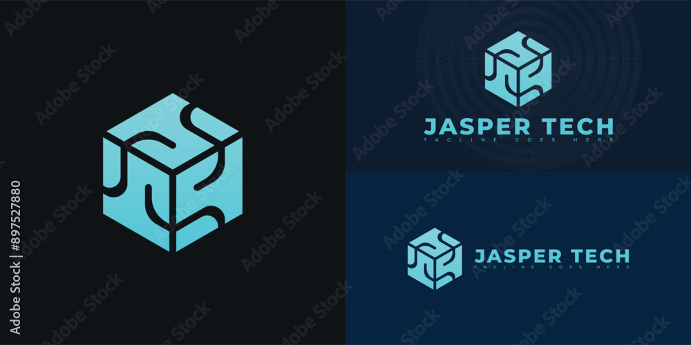 Aufkleber abstract hexagon initial letter jt or tj in blue color isolated on multiple background colors. the l